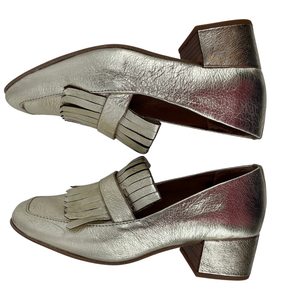 Gentle Souls Loafers Womens 7.5 Gold Metallic Leather Kiltie Fringe Block Heel